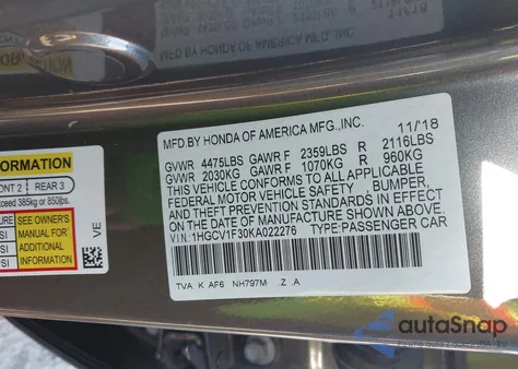 2019 Honda Accord Sport из США, поврежденный, VIN 1HGCV1F30KA022276